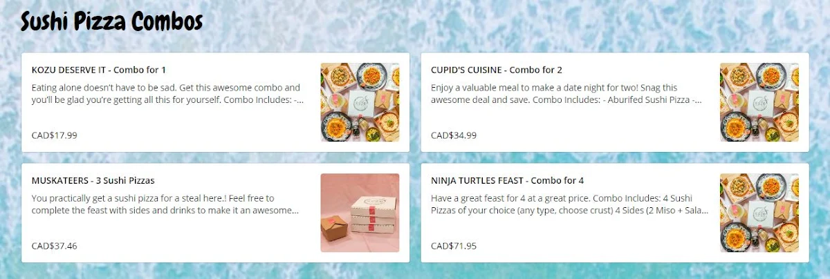 Menu, KOZU Sushi Pizza