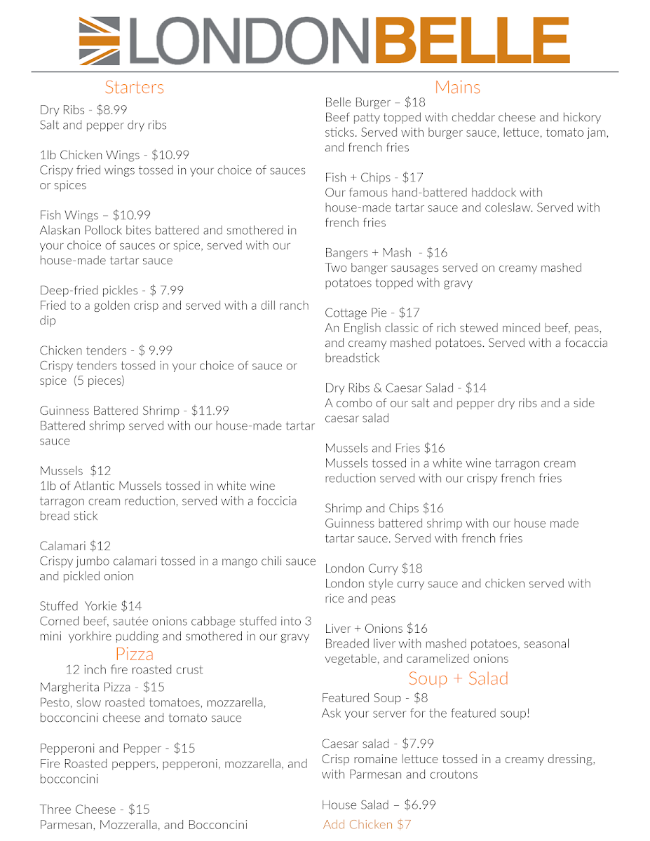 Menu, London Belle