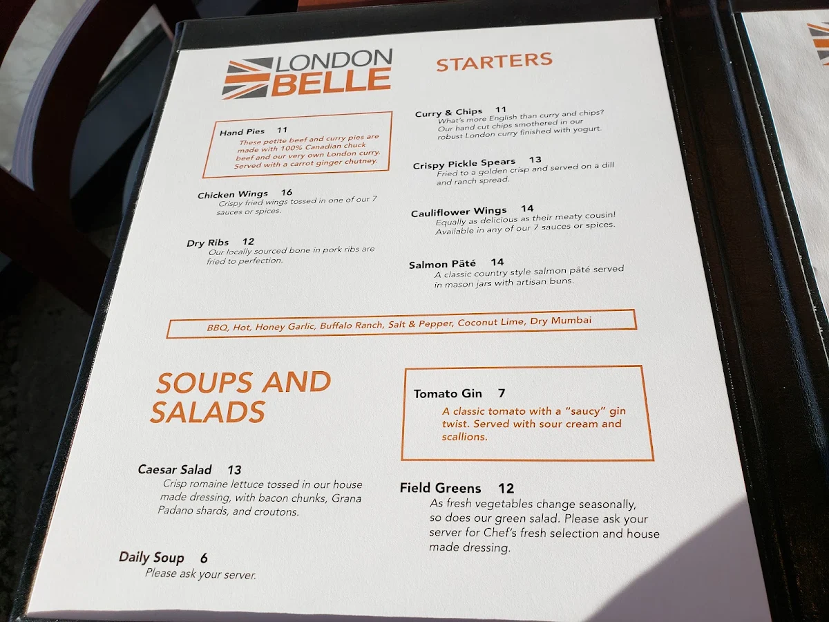 Menu, London Belle