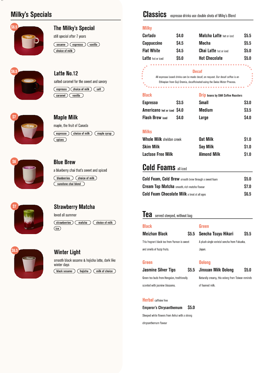 Menu, Milky's Cloud Room
