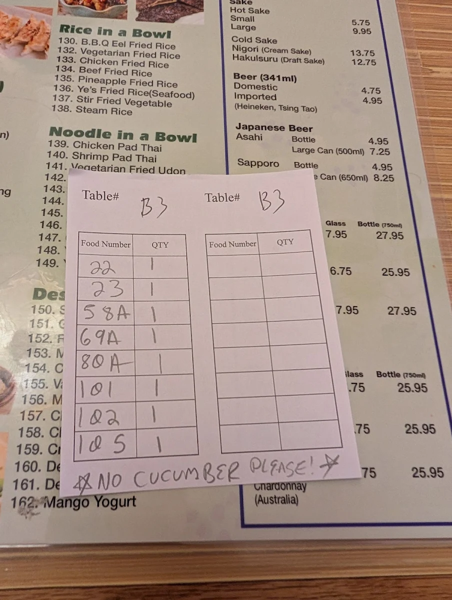 Menu, Yo Sushi