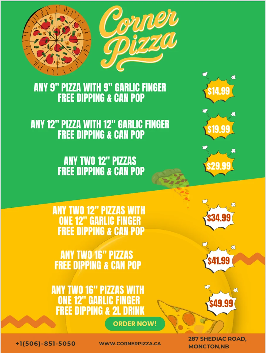 Menu, Corner Pizza Moncton