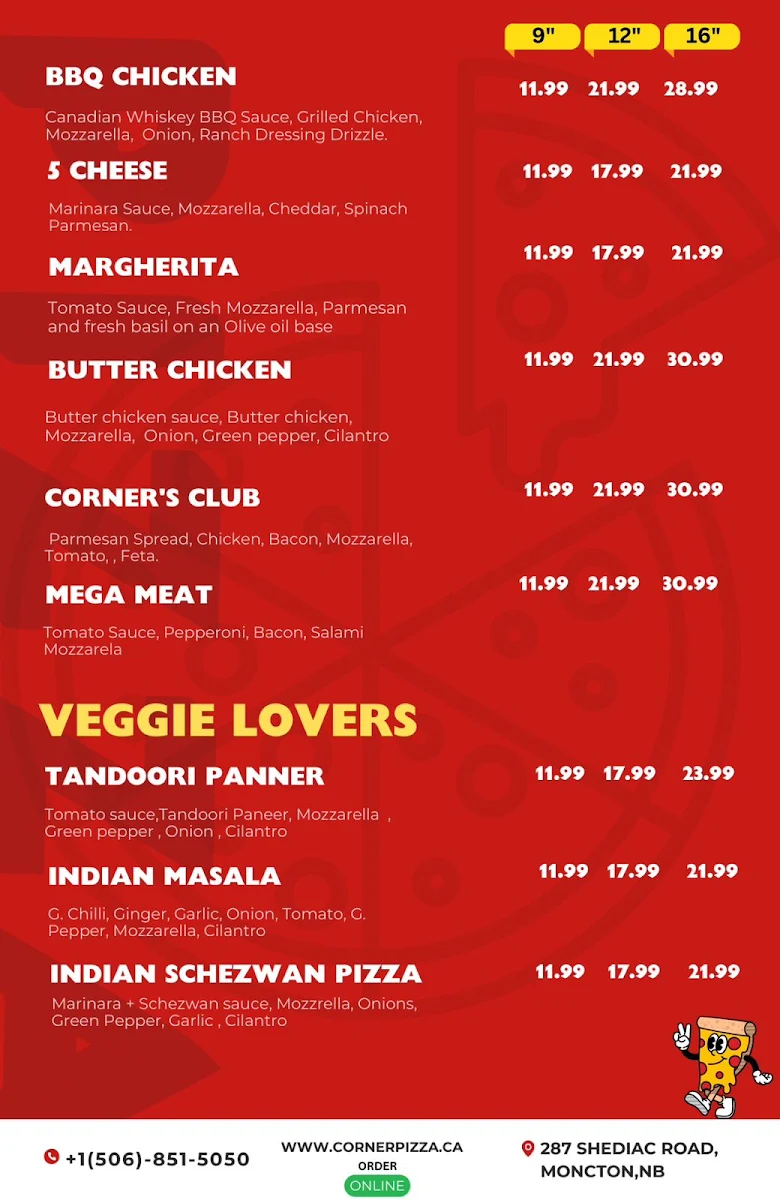 Menu, Corner Pizza Moncton