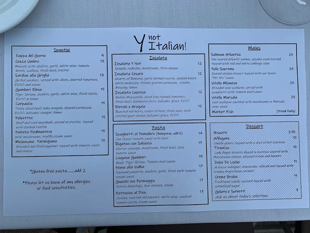 Menu, Y Not Italian!