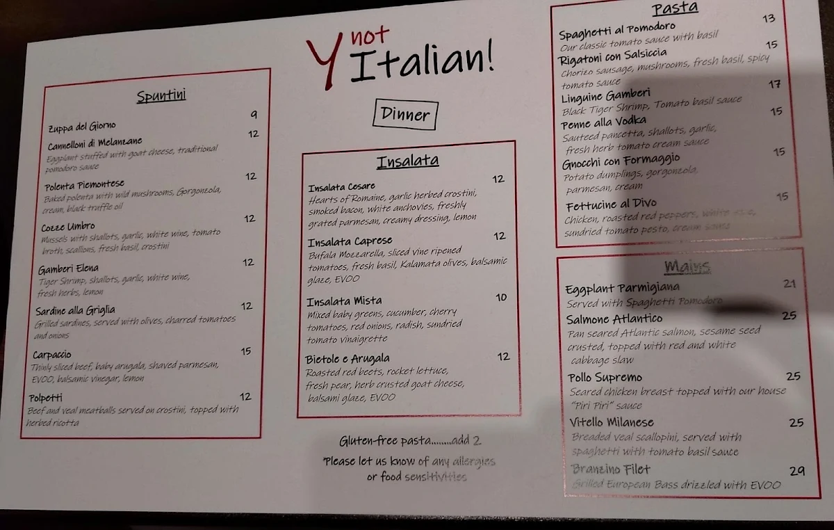 Menu, Y Not Italian!