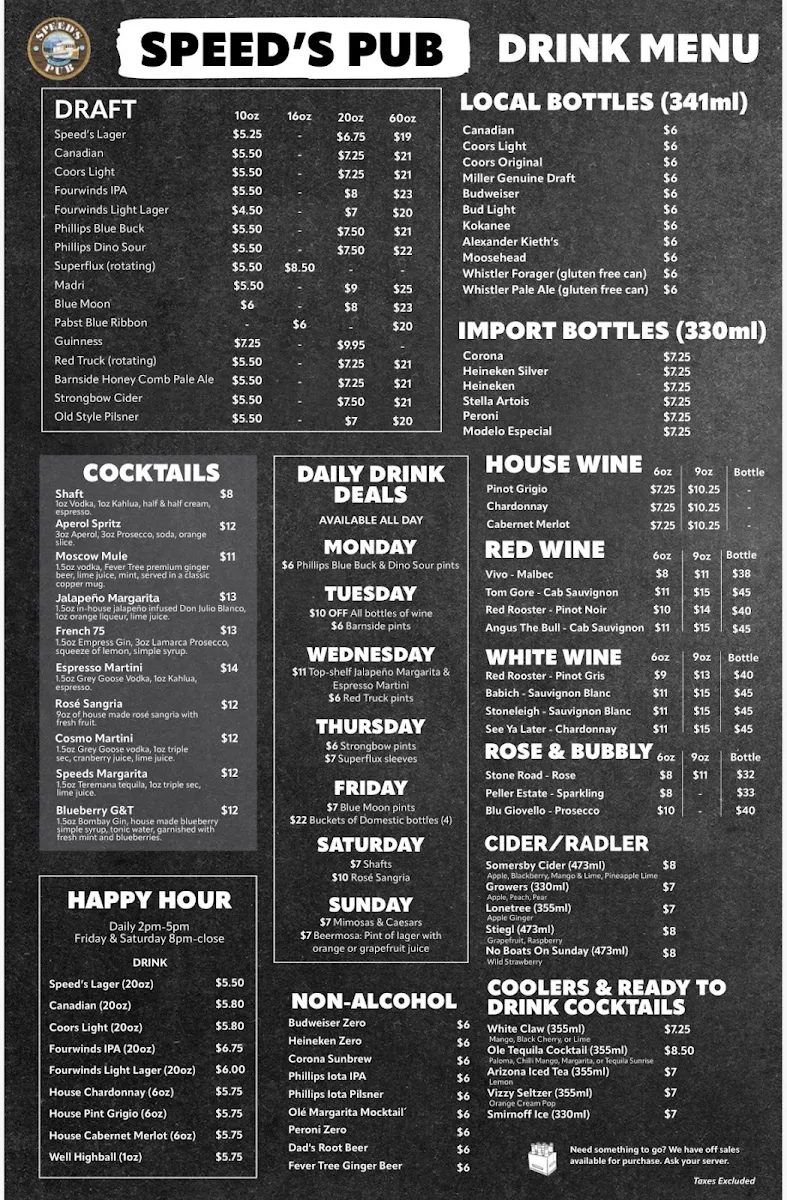 Menu, Speed's Neighborhood Pub
