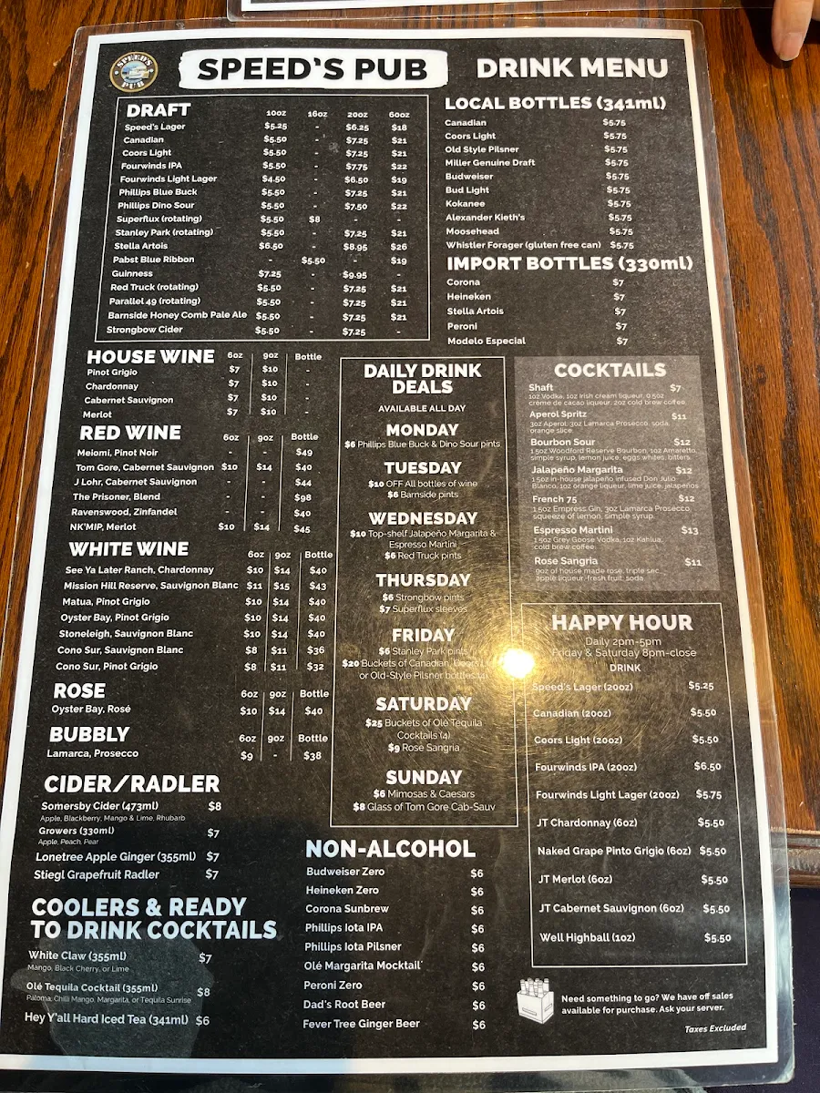 Menu, Speed's Neighborhood Pub
