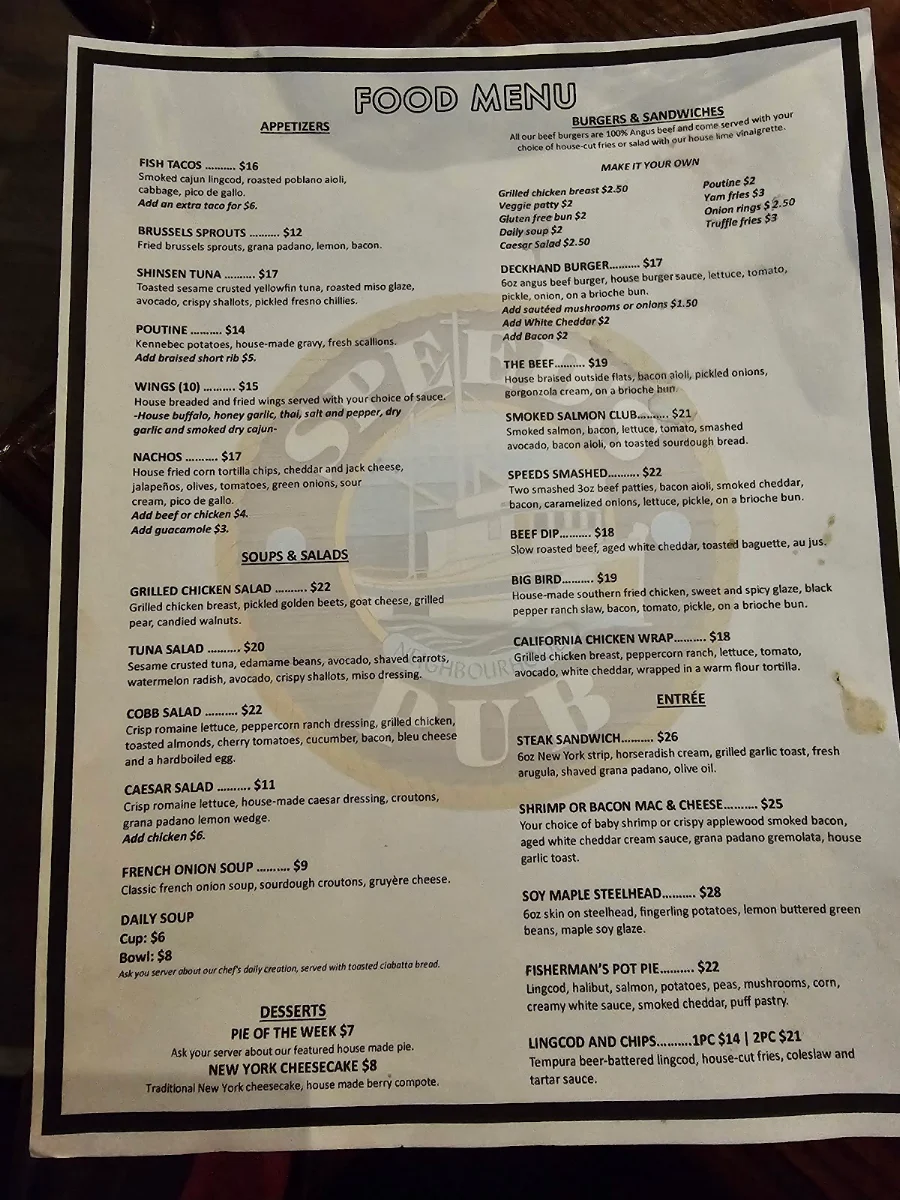 Menu, Speed's Neighborhood Pub