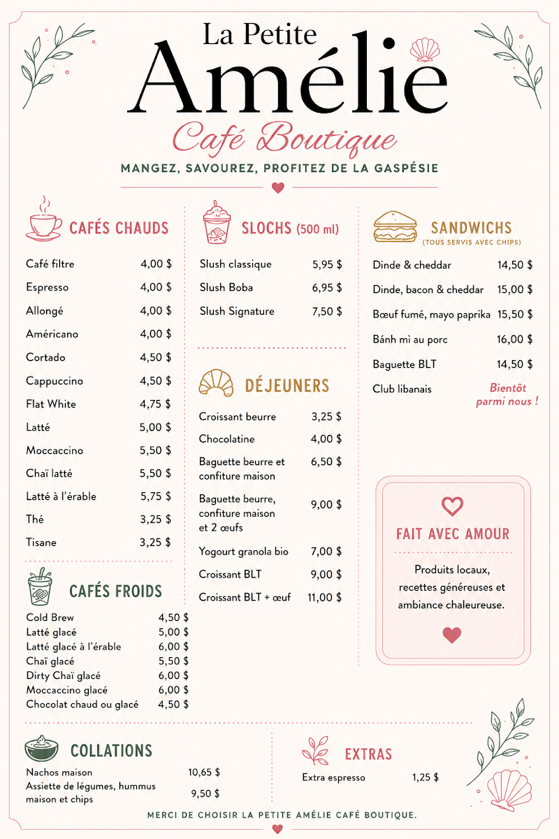 Menu, La Petite Amélie - Café Boutique