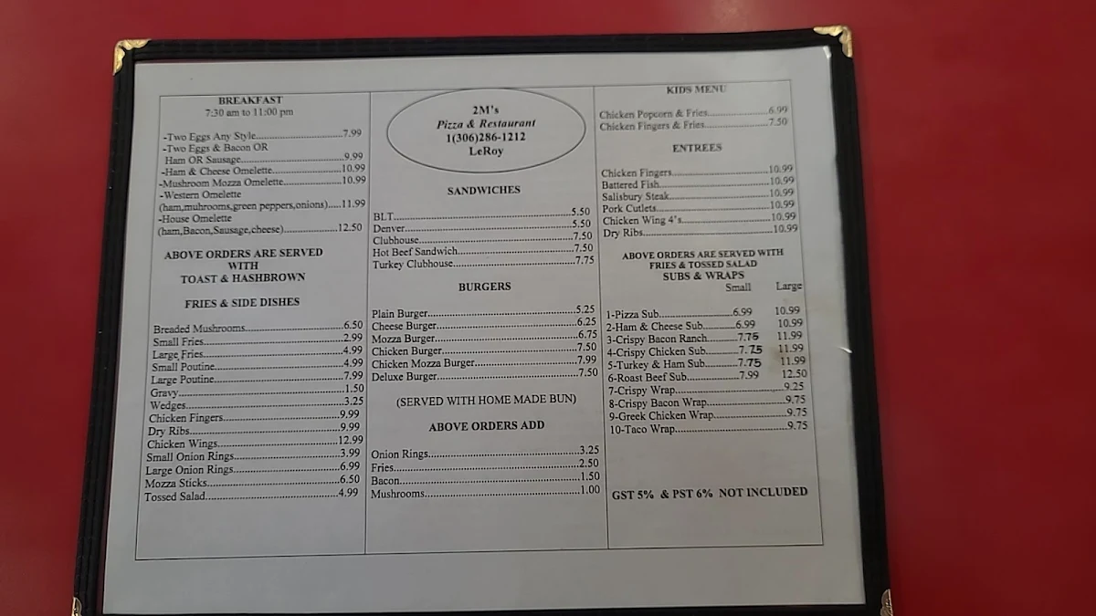 Menu, 2ms Pizza And Restaurant