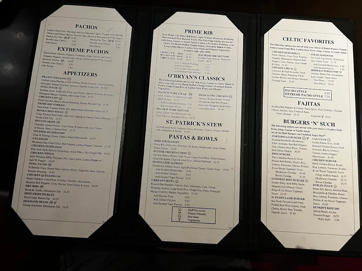 Menu, Kelly O'Bryan's Neighborhood Restaurant