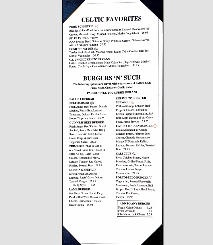 Menu, Kelly O'Bryan's Neighborhood Restaurant
