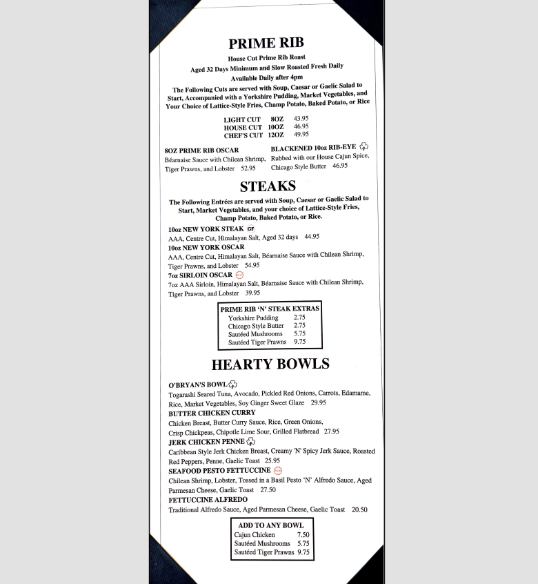 Menu, Kelly O'Bryan's Neighborhood Restaurant