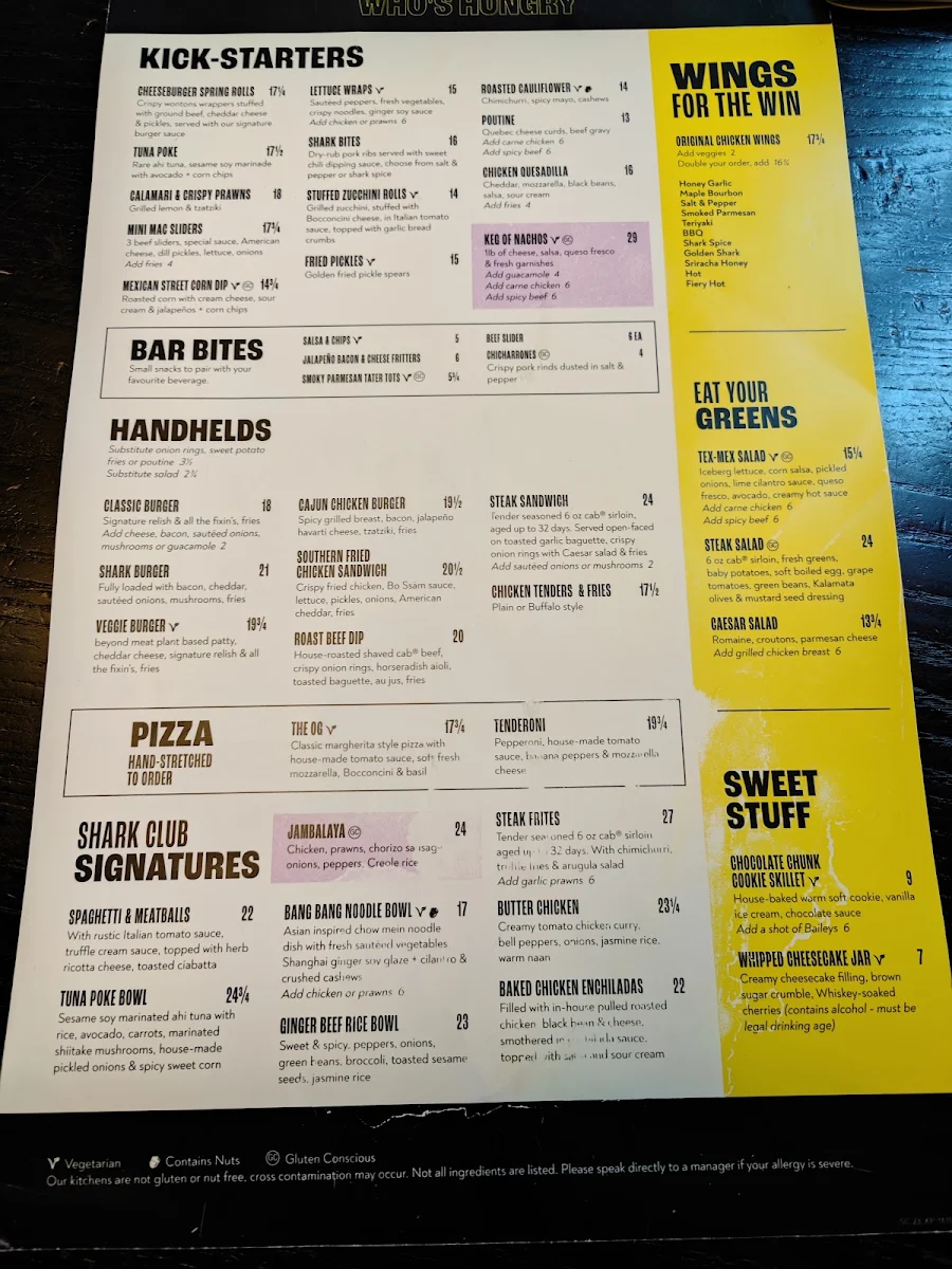 Menu, Shark Club Sports Bar & Grill