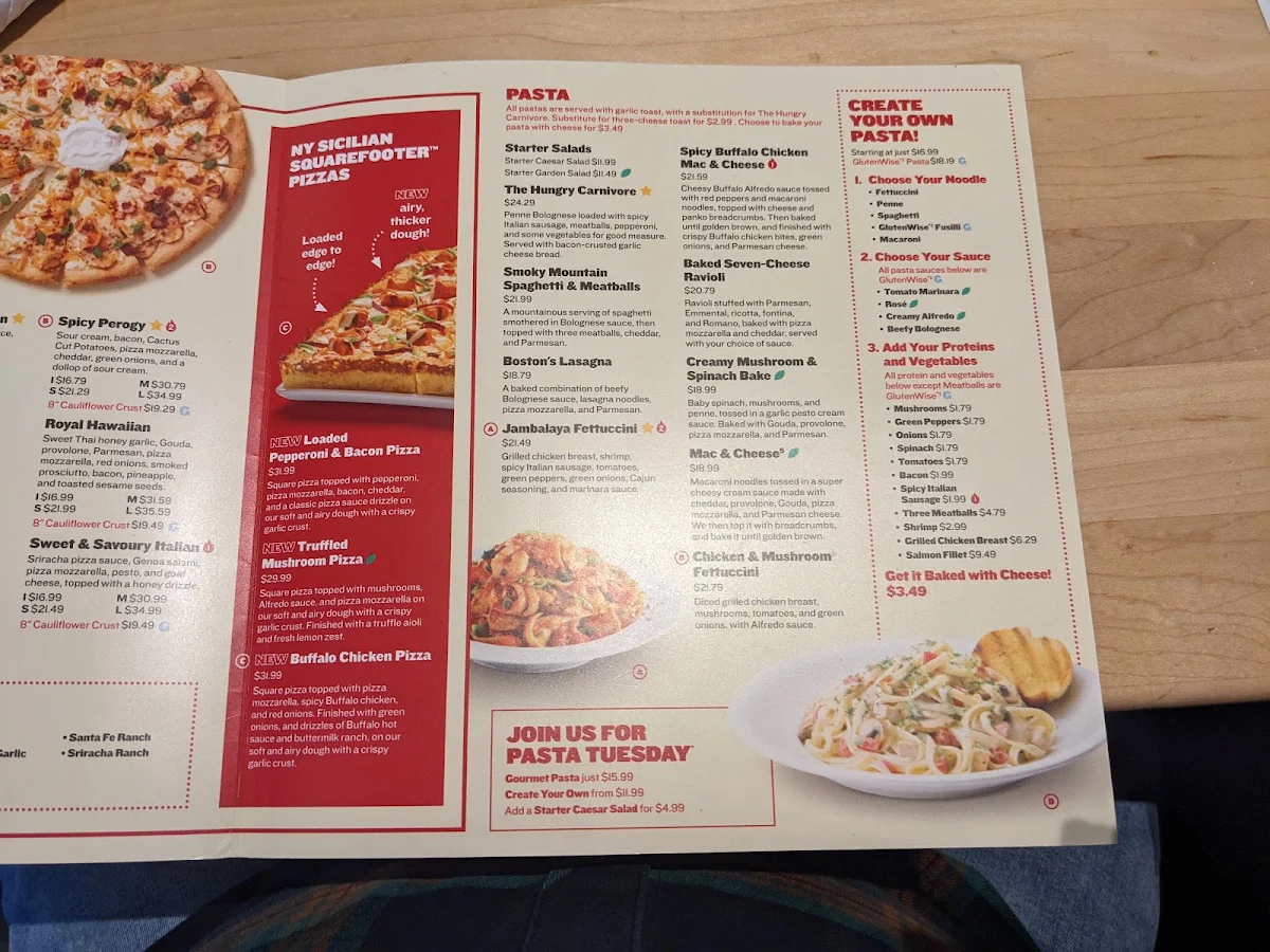 Menu, Boston Pizza