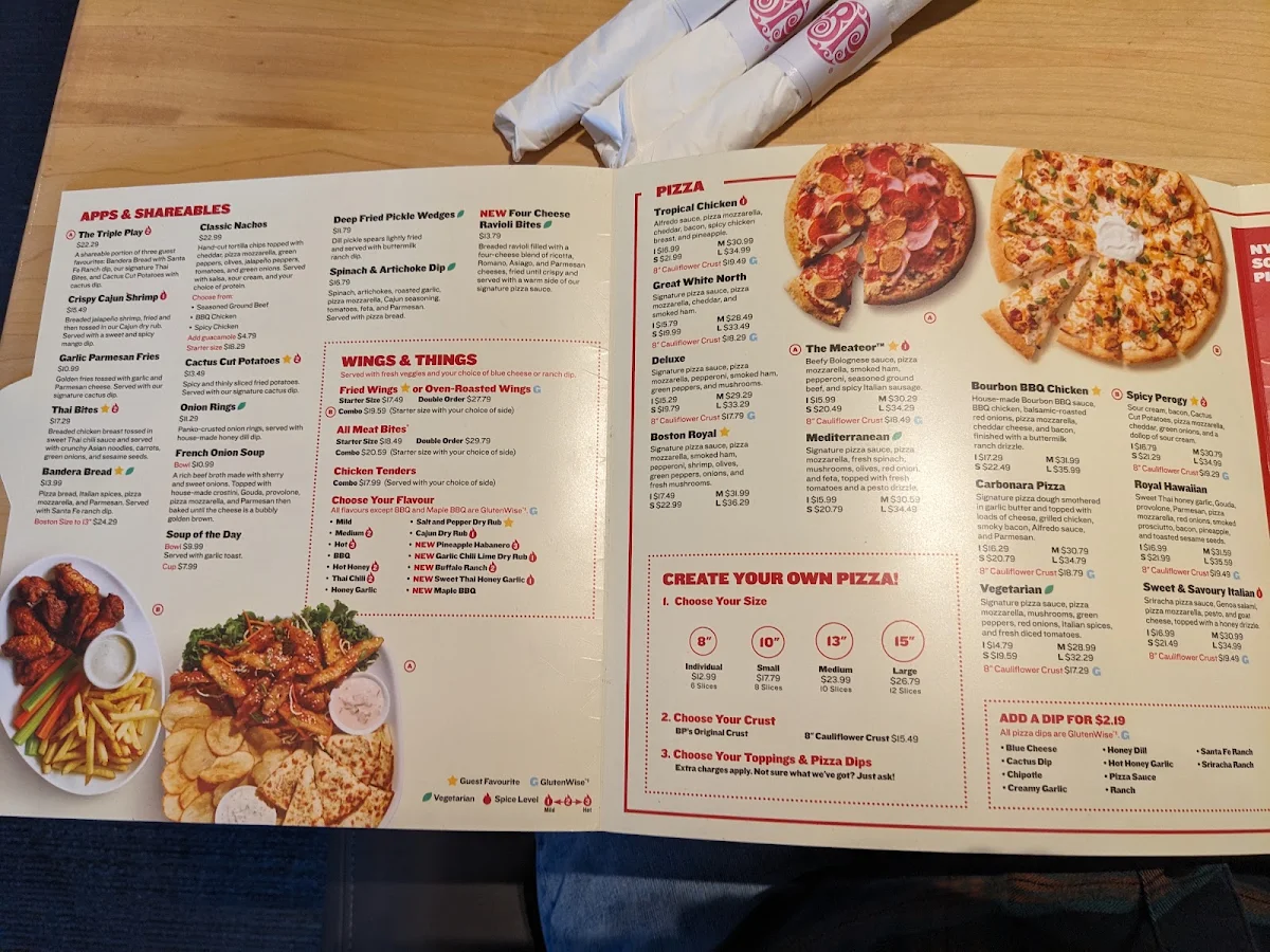 Menu, Boston Pizza