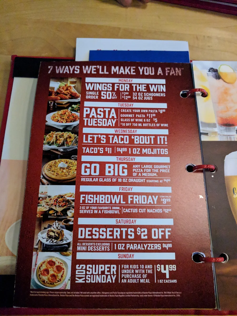 Menu, Boston Pizza