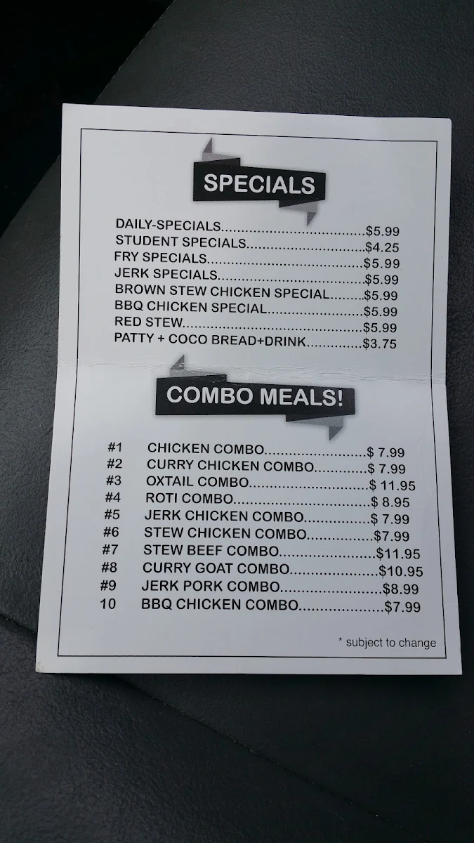 Menu, Negril's Jerk Hut