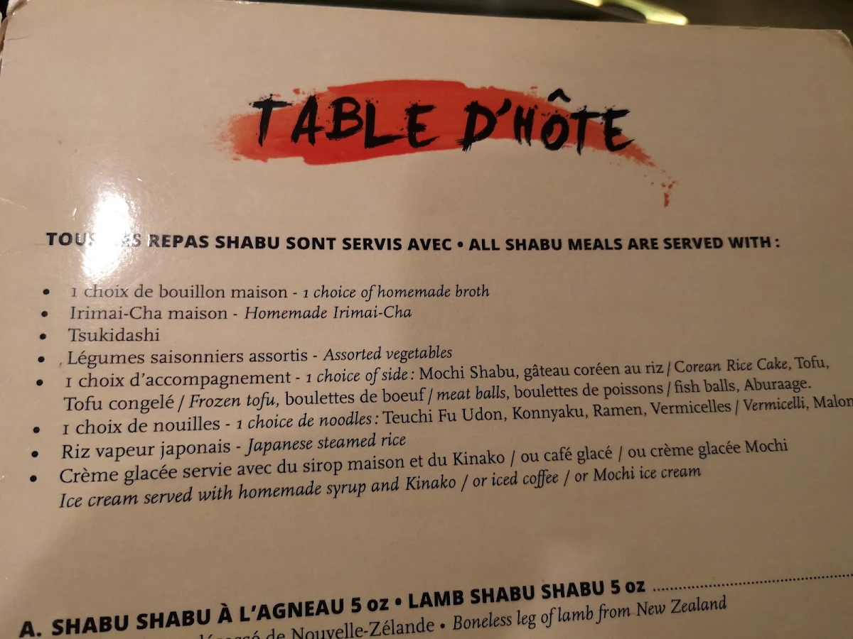 Menu, Shabu Shabu Kagayaki