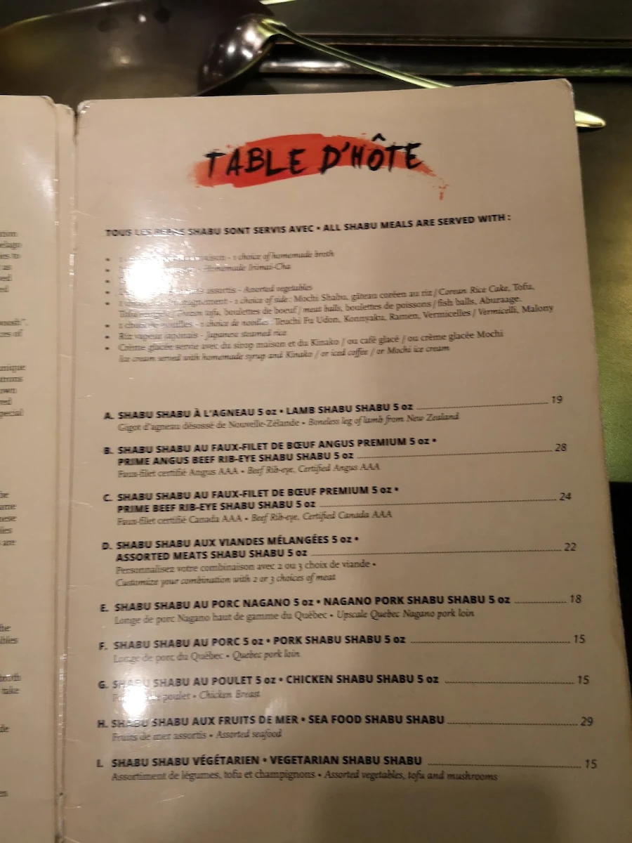 Menu, Shabu Shabu Kagayaki
