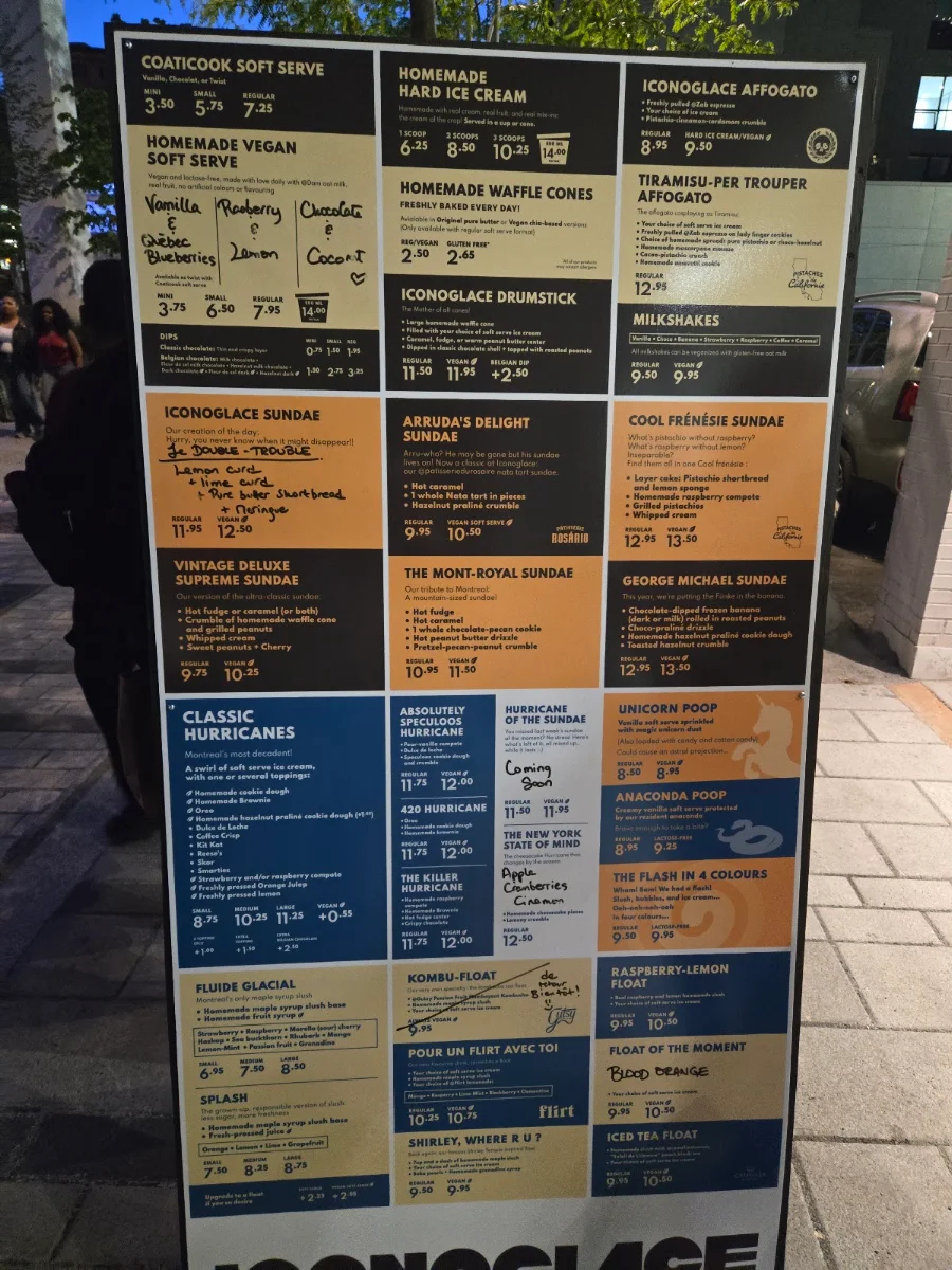 Menu, Iconoglace Esplanade Tranquille