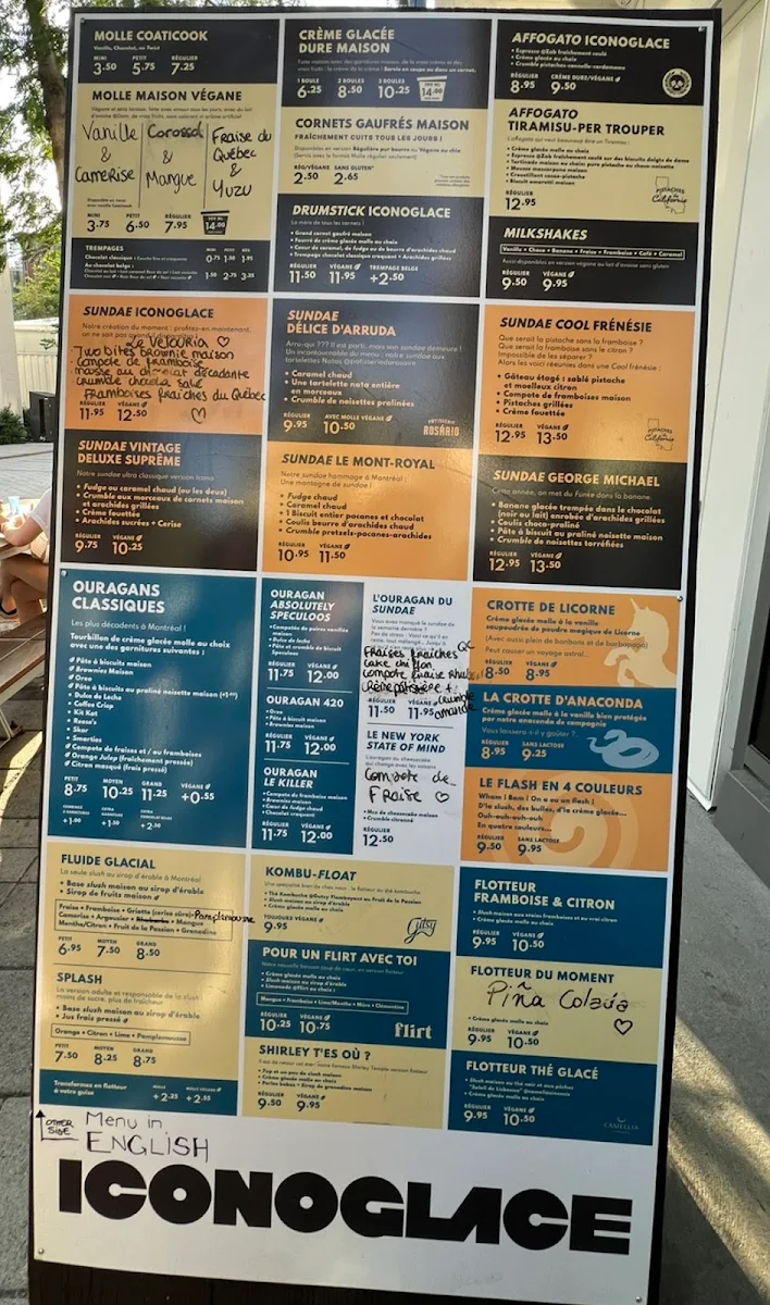 Menu, Iconoglace Esplanade Tranquille