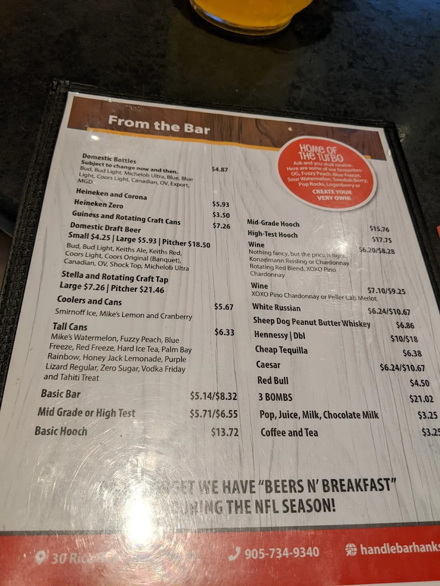 Menu, Handlebar Hanks Roadhouse