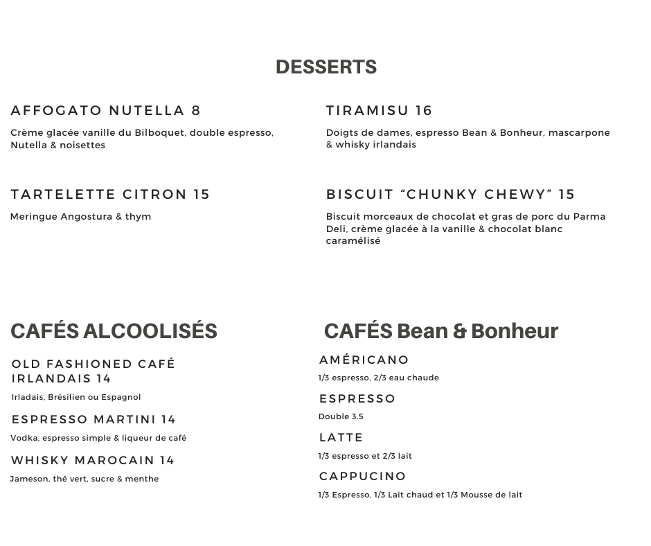 Menu, Bistro La Morgane