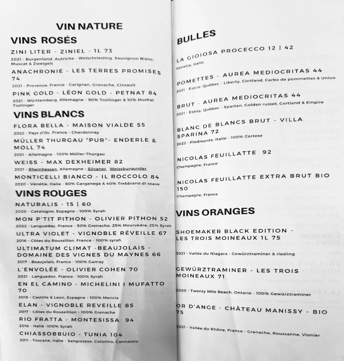 Menu, Bistro La Morgane