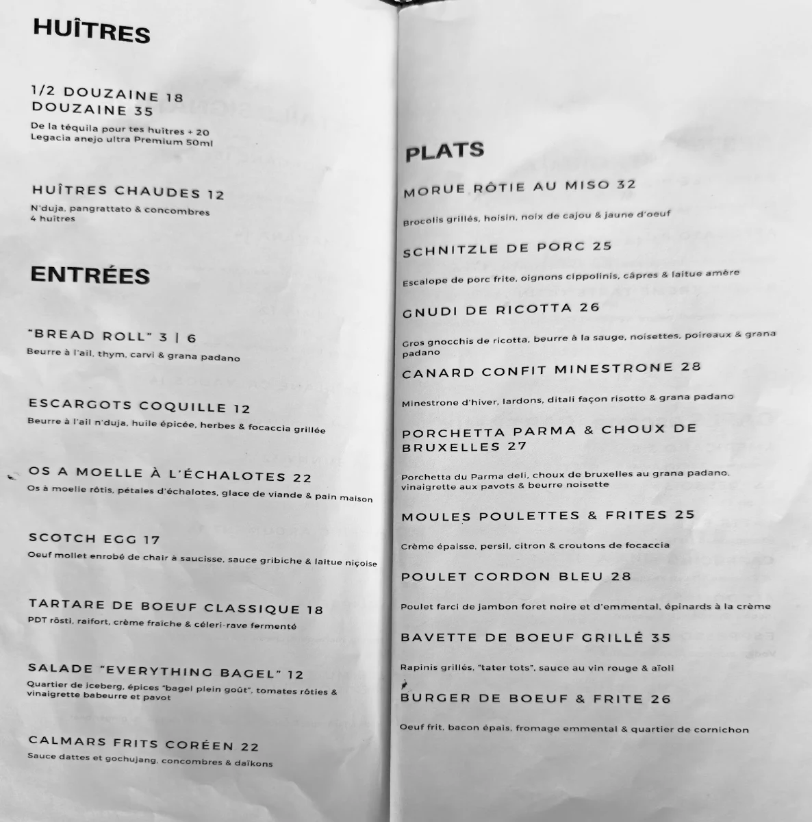 Menu, Bistro La Morgane