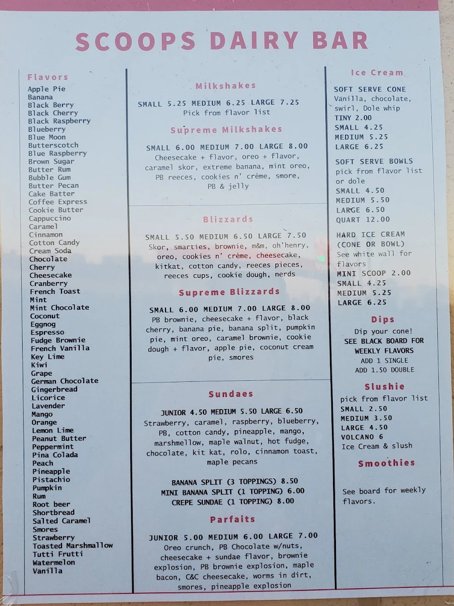 Menu, Scoops Dairy Bar Express