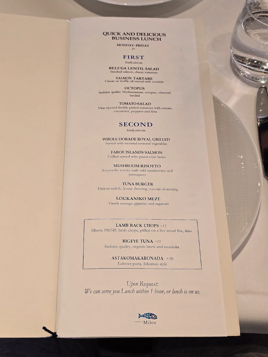 Menu, estiatorio Milos Toronto