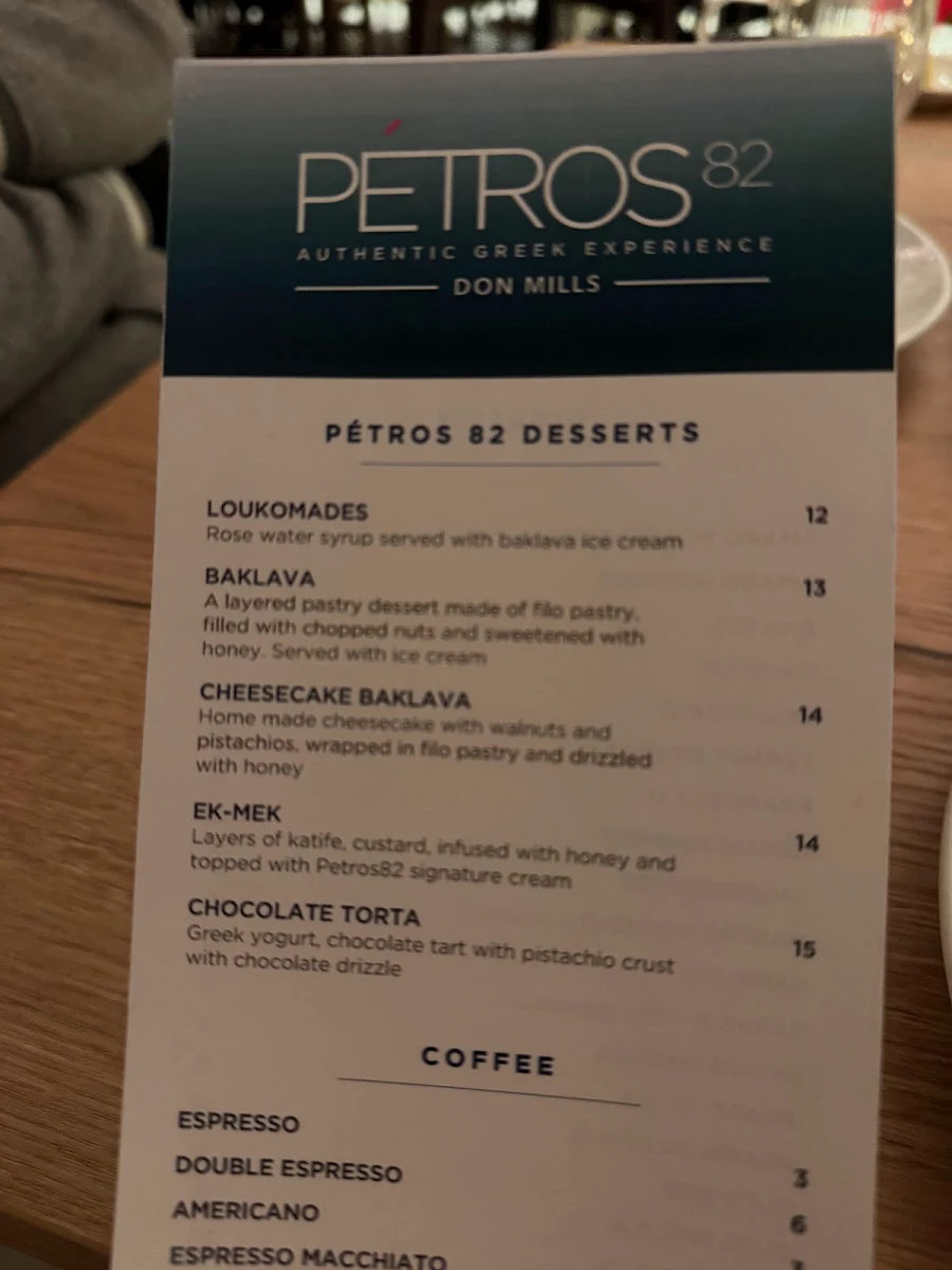 Menu, Petros82 Restaurant Don Mills
