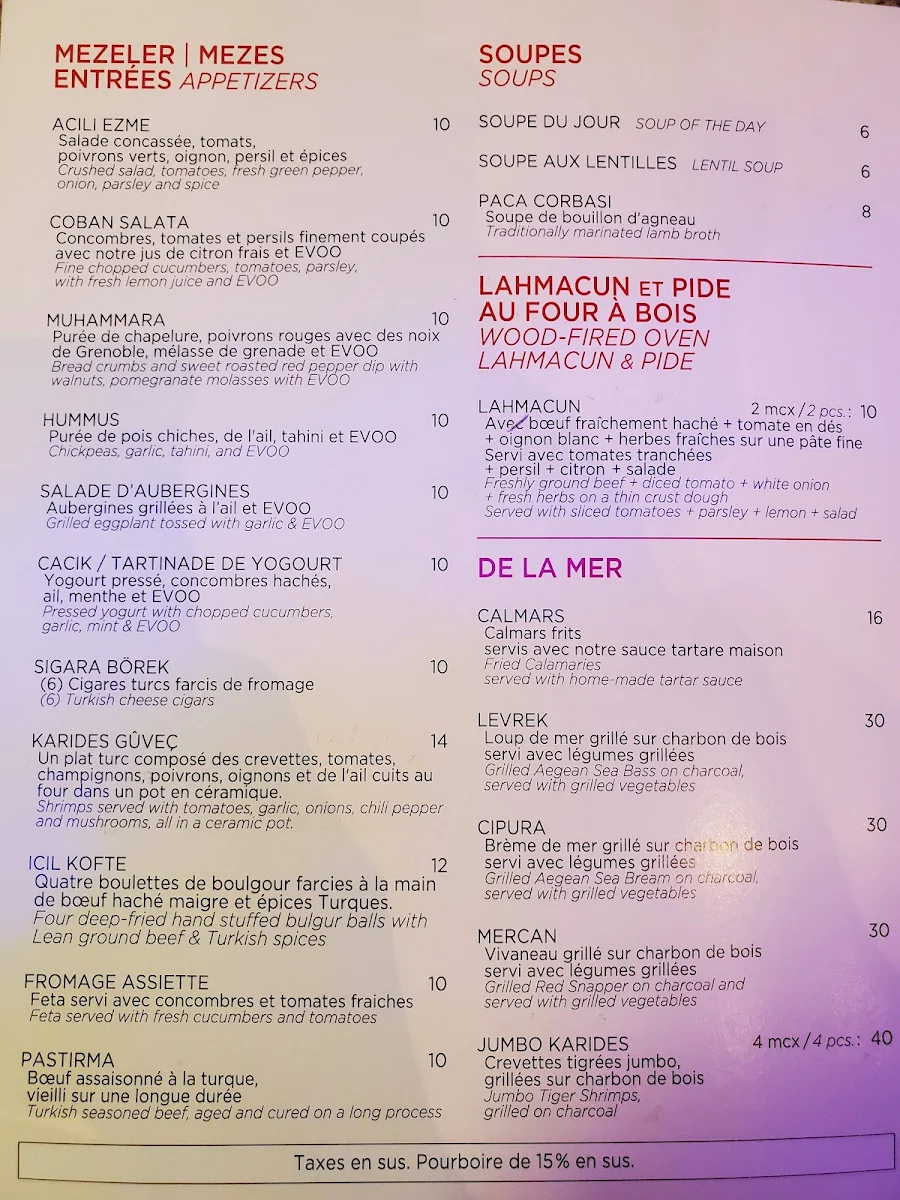 Menu, Mardin Palace restaurant