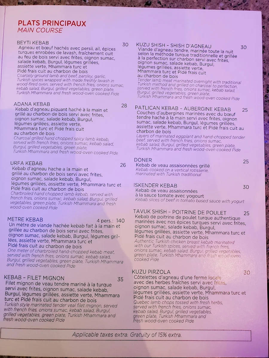 Menu, Mardin Palace restaurant
