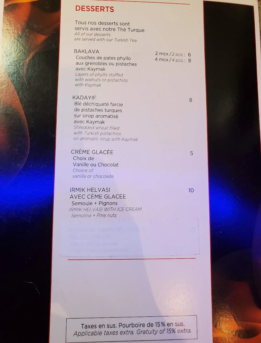 Menu, Mardin Palace restaurant