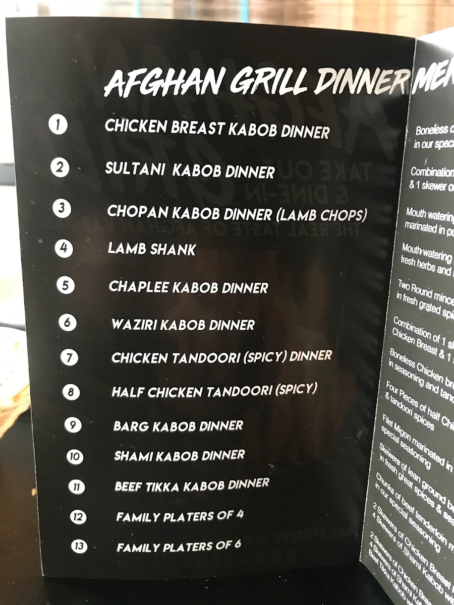 Menu, Afghan Grill