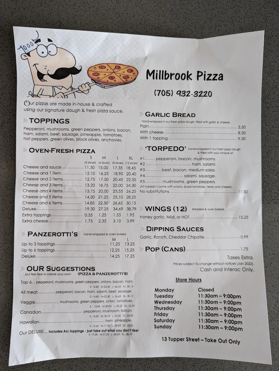 Menu, Dan's Millbrook Pizza
