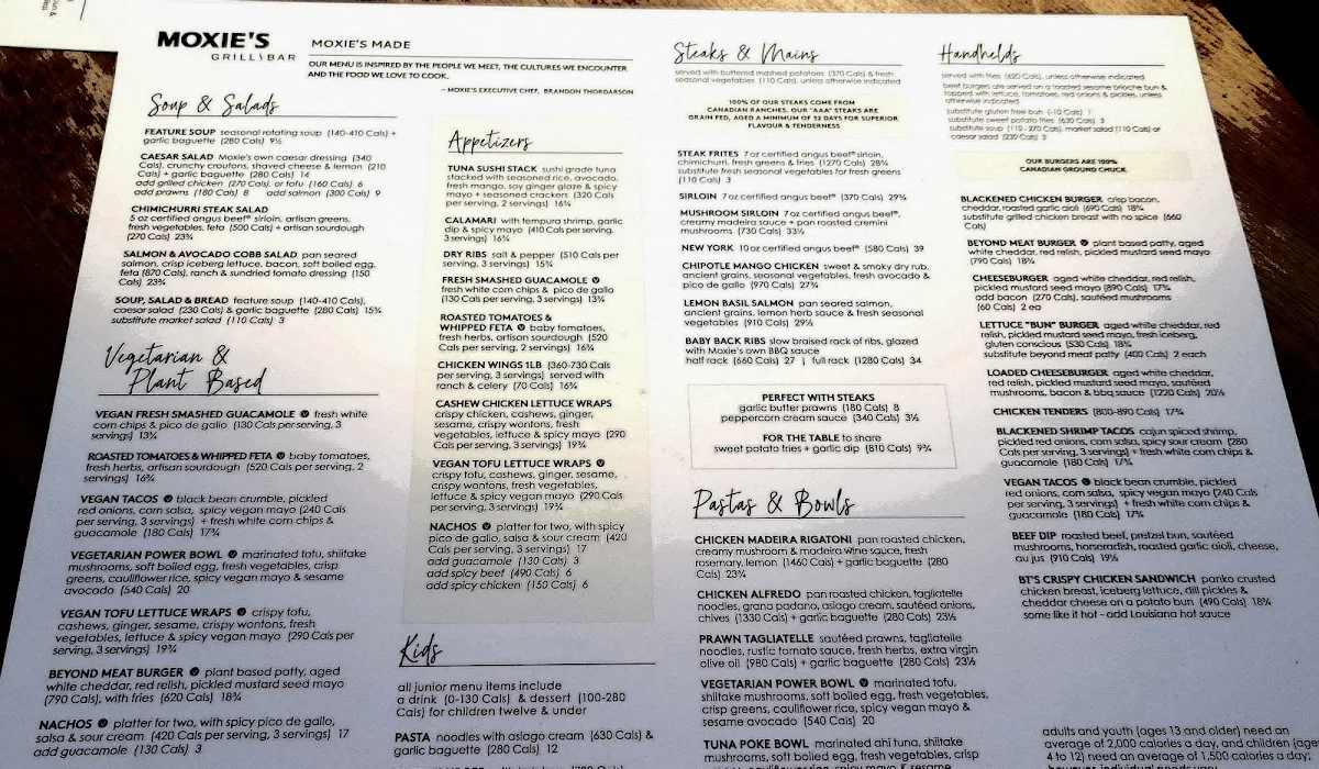 Menu, Moxies Newmarket Restaurant