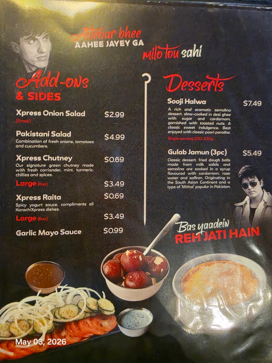 Menu, KarachiXpress - Mississauga