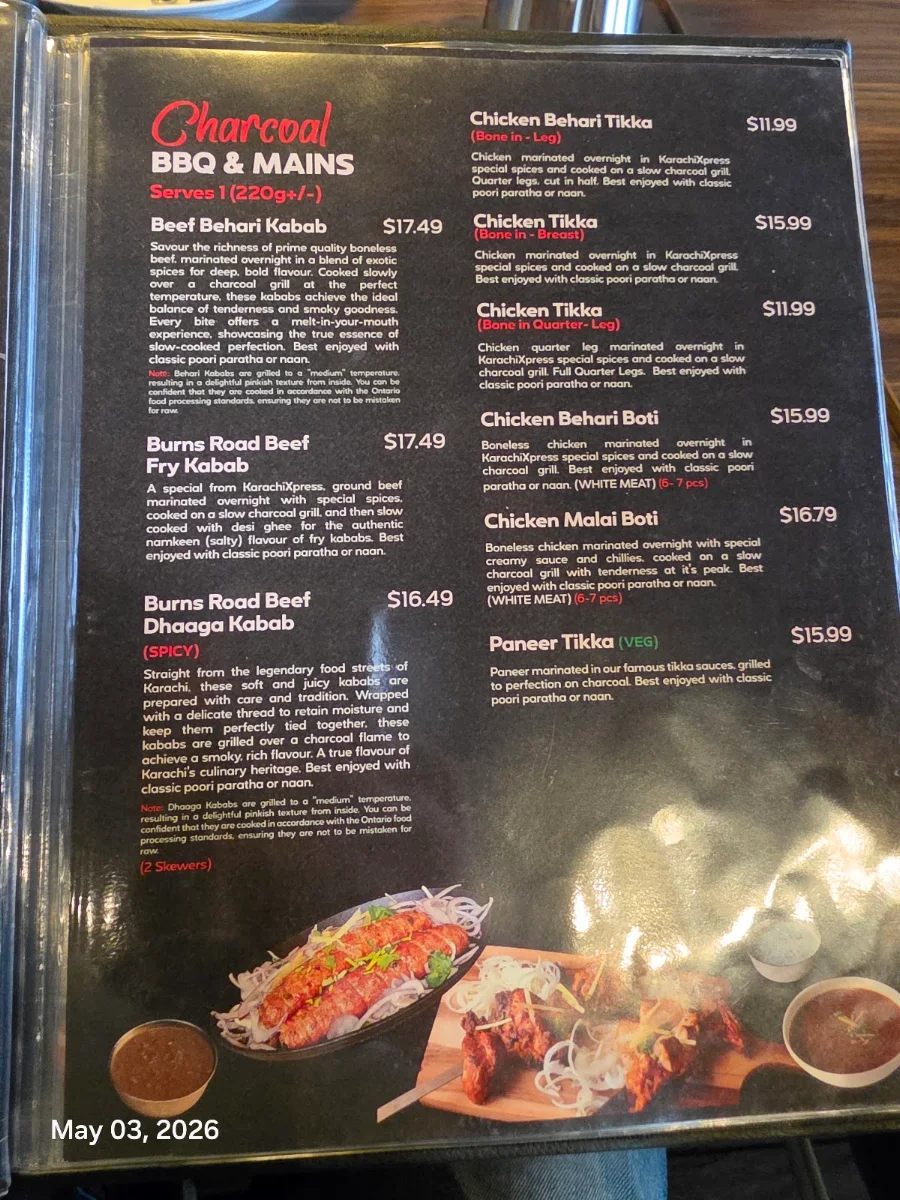 Menu, KarachiXpress - Mississauga