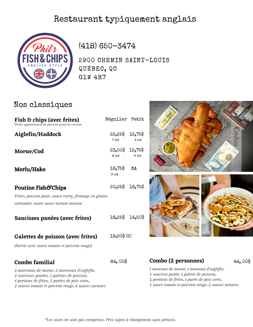 Menu, Phil's Fish & Chips