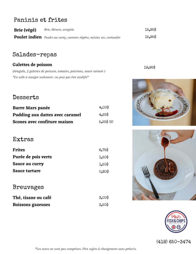Menu, Phil's Fish & Chips