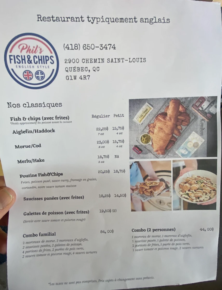 Menu, Phil's Fish & Chips