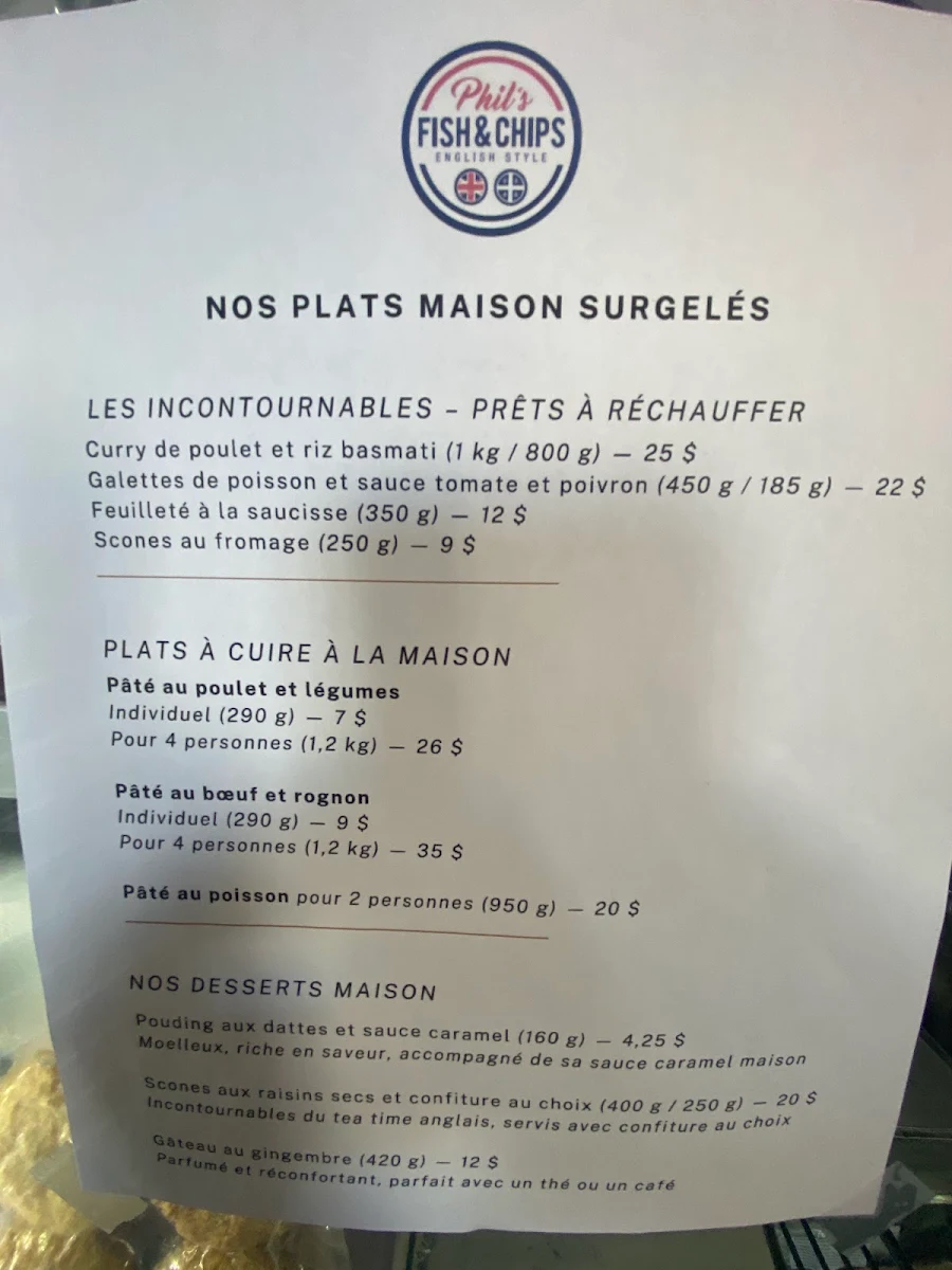 Menu, Phil's Fish & Chips