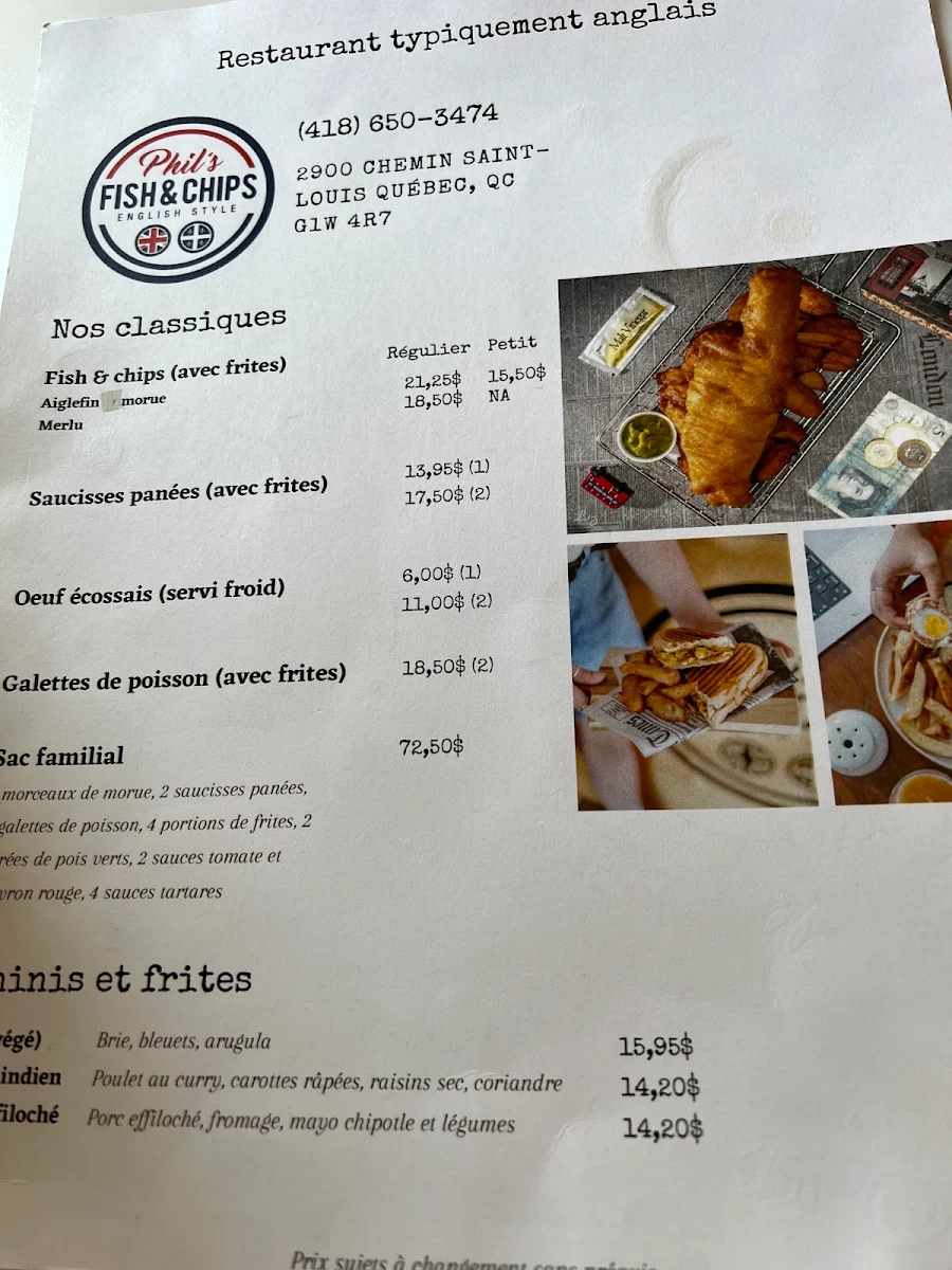 Menu, Phil's Fish & Chips