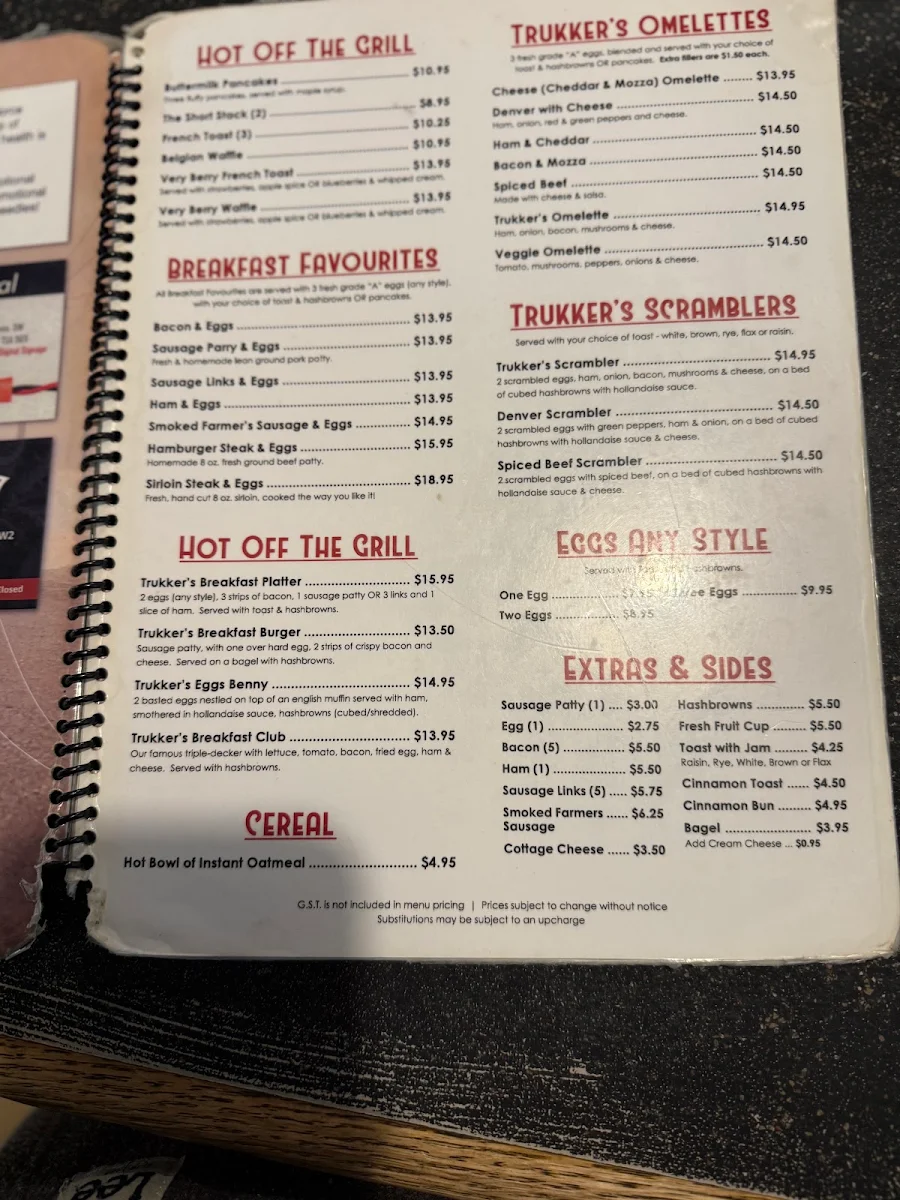 Menu, Trukker's Restaurant