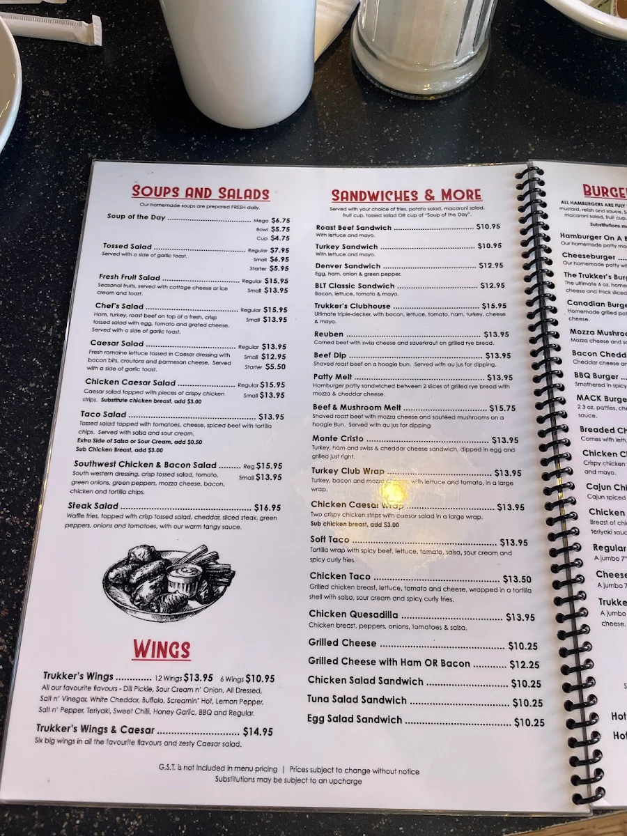 Menu, Trukker's Restaurant