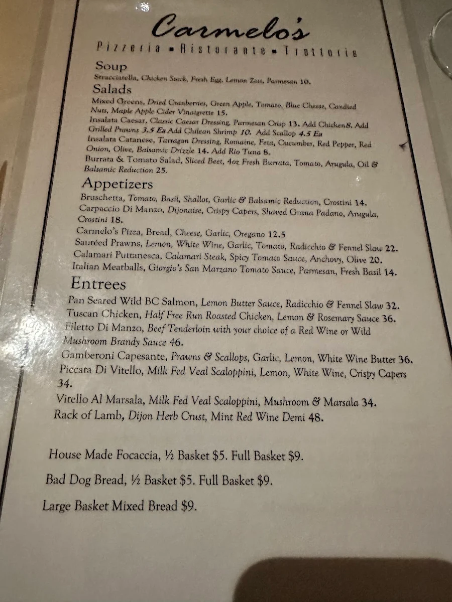 Menu, Carmelo's Ristorante Italiano