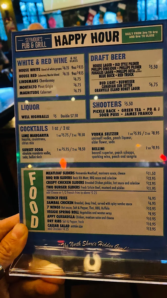 Menu, Seymour's Pub & Grill